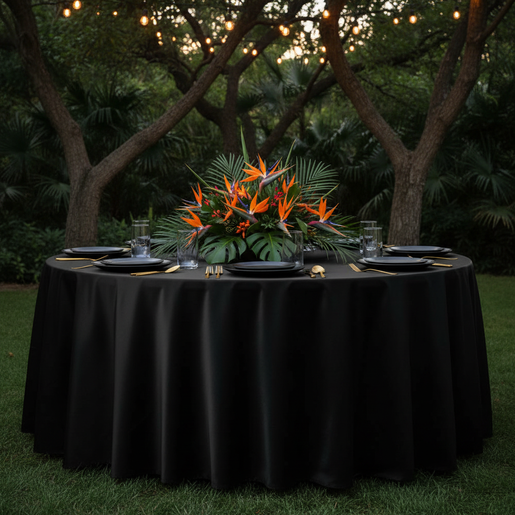 Satin 108" Round Tablecloth - Black with black charger plate |  wine goblets