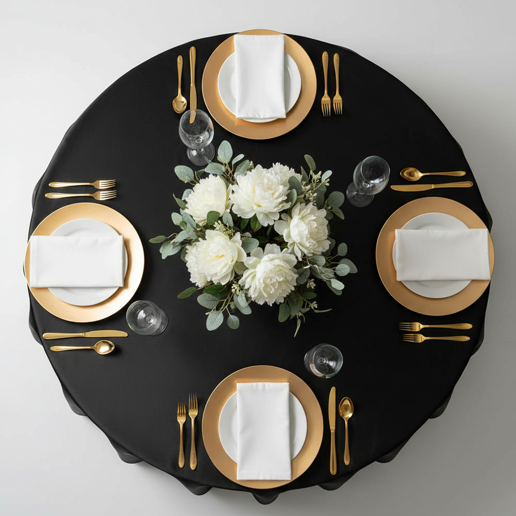 Satin 108" Round Tablecloth - Black with gold charger plate | white napkin | wine goblets