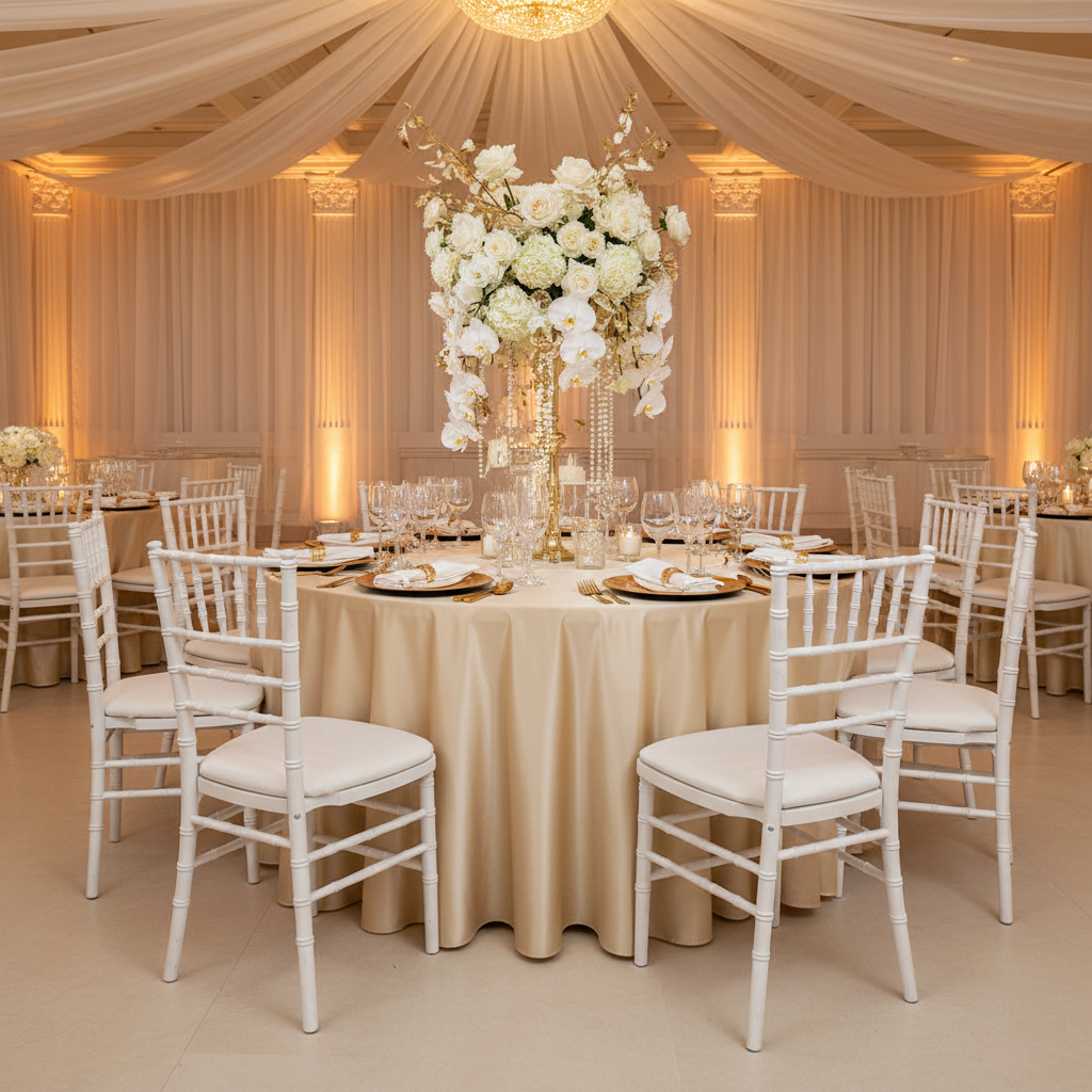 Satin 108" Round Tablecloth - Champagne | napkin | charger plate | centerpiece | wine goblet |