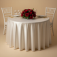 Satin-108-Round-Tablecloth-Ivory with gold trimmed dinner plate | wine goblets | flower centerpiece