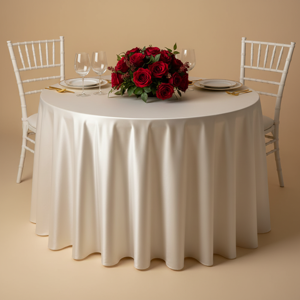 Satin-108-Round-Tablecloth-Ivory with gold trimmed dinner plate | wine goblets | flower centerpiece