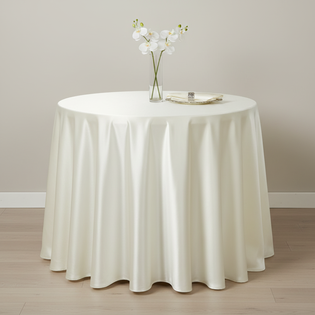 Satin-108-Round-Tablecloth-Ivory with gold trimmed charger plate | white napkin | napkin ring