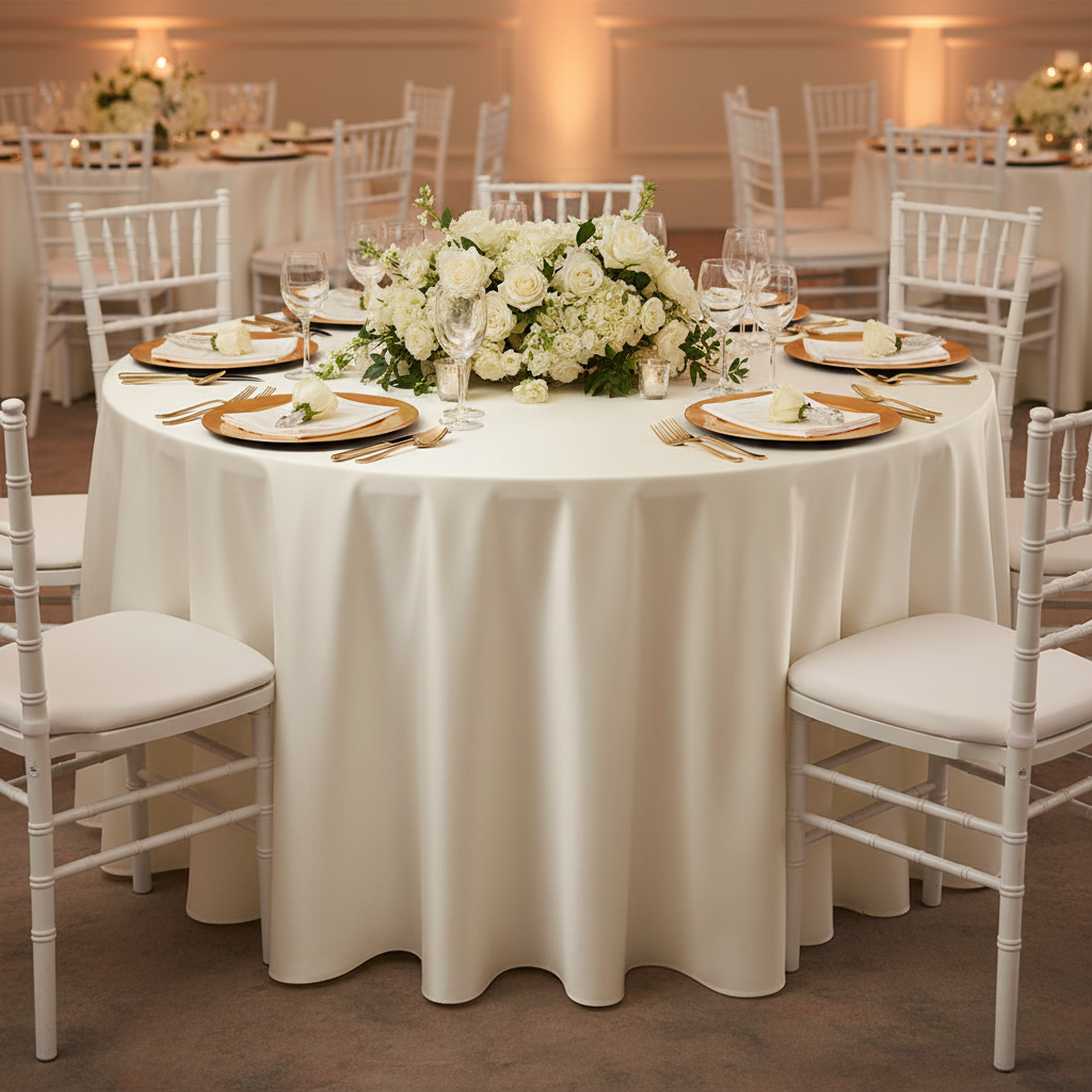 Satin-108-Round-Tablecloth-Ivory with gold charger plate | ivory napkin | wine goblets | flower centerpiece