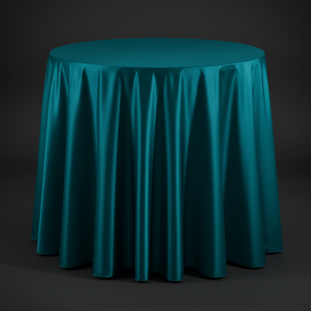 Satin 108" Round Tablecloth - Peacock
studio view on top of 48" round table