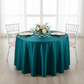 Satin 108" Round Tablecloth - Peacock for indoor brunch table setup