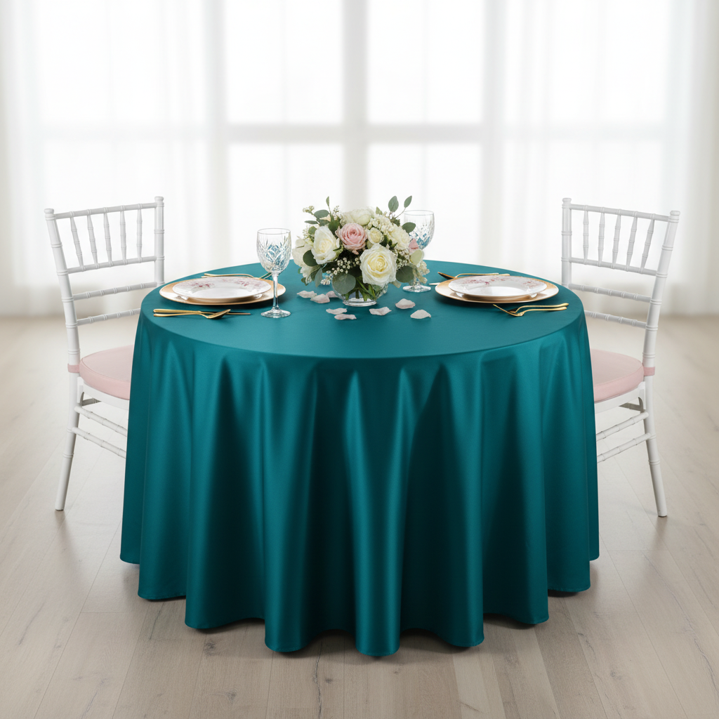Satin 108" Round Tablecloth - Peacock for indoor brunch table setup