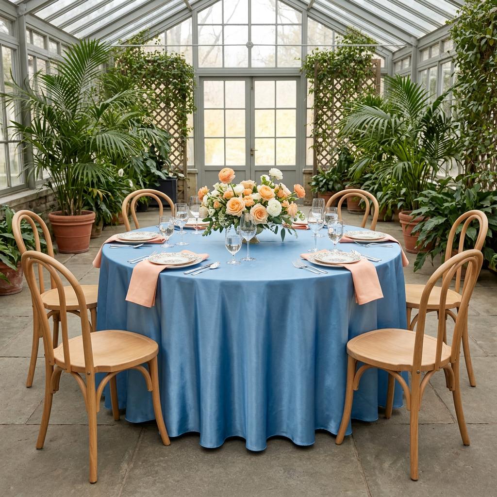 Steele Blue satin bridal shower table