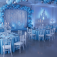 quinceañera celebration setup with Satin 120" Round Tablecloth - Baby Blue