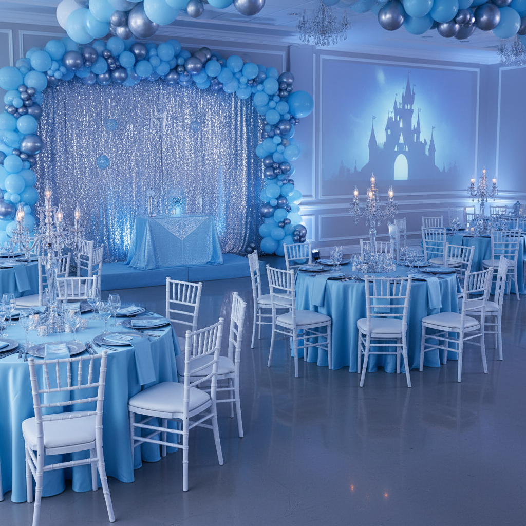 quinceañera celebration setup with Satin 120" Round Tablecloth - Baby Blue