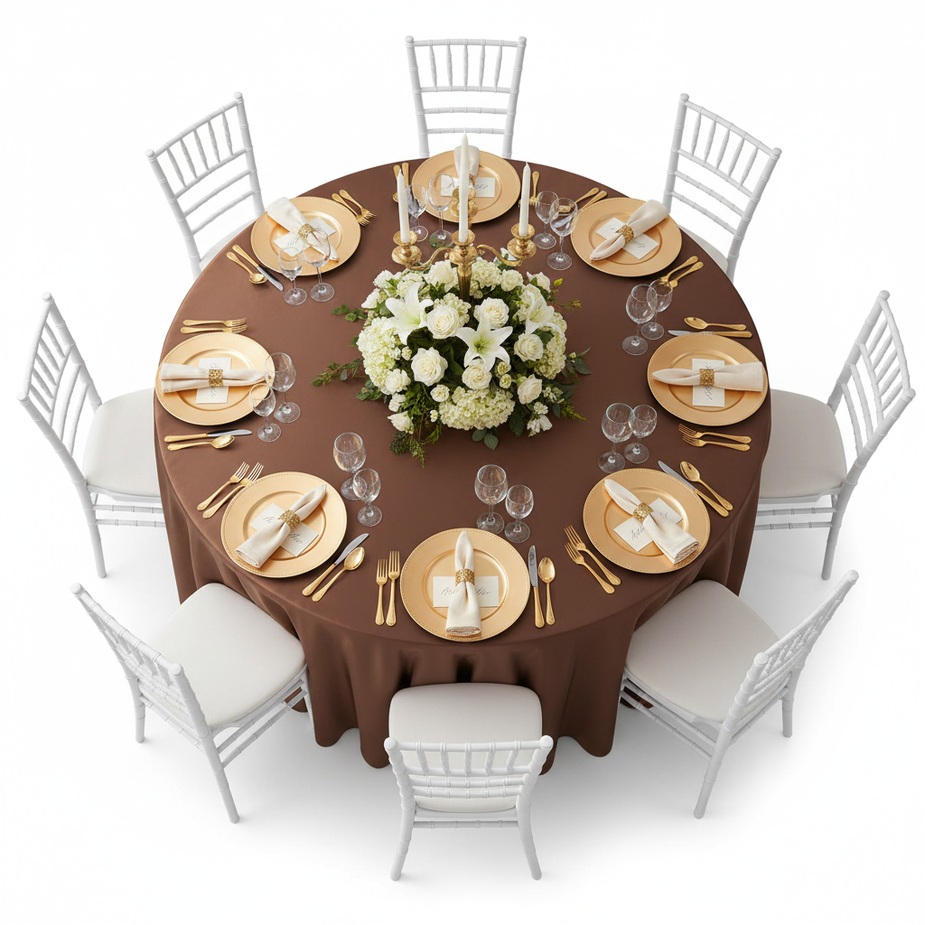 top view setup of Satin 120" Round Tablecloth - Chocolate Brown