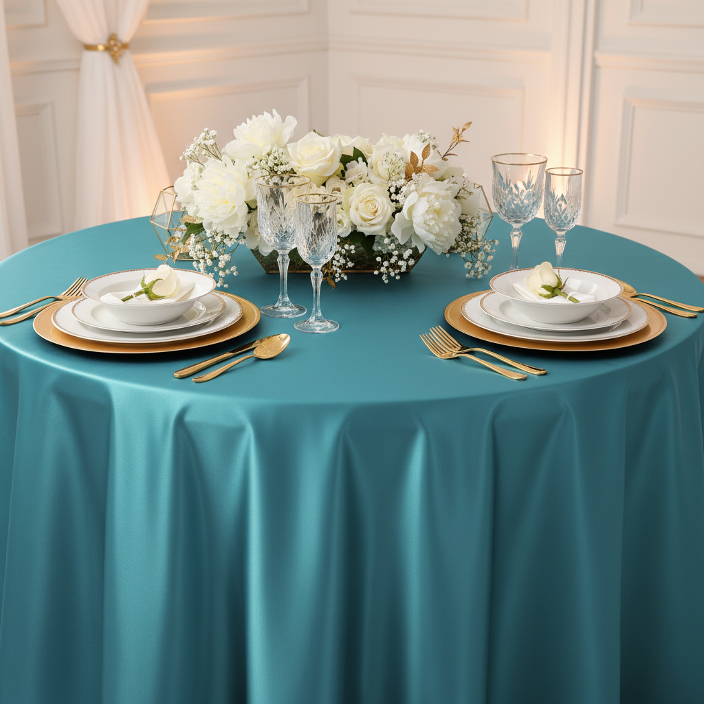 Satin 120" Round Tablecloth - Dark Turquoise with white dinner plate | gold charger plate | wine goblets | flower centerpiece