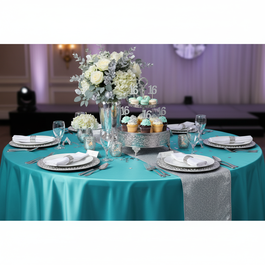 Satin 120" Round Tablecloth - Dark Turquoise with white dinner plate | silver charger plate | wine goblets  white napkin | silver napkin ring | flower centerpiece