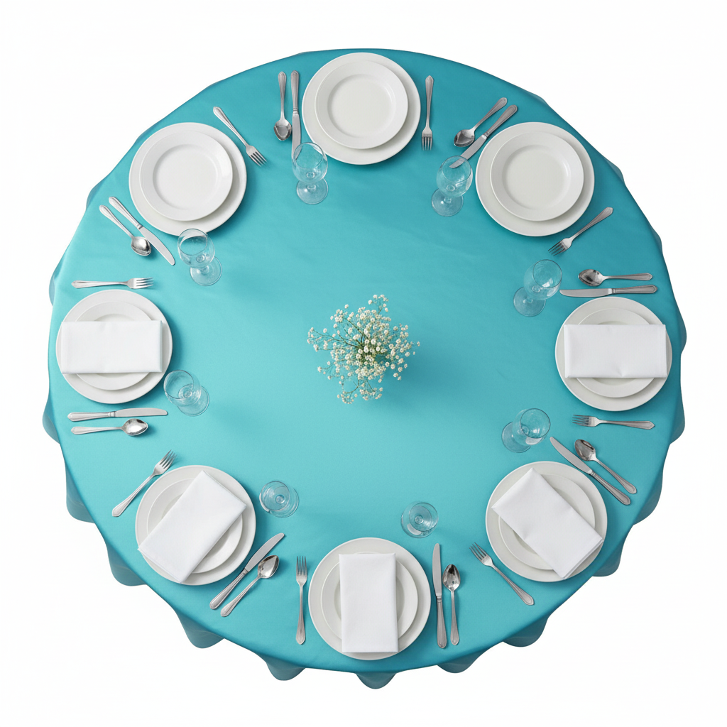 Satin 120" Round Tablecloth - Dark Turquoise with white dinner plate | white charger plate | wine goblets