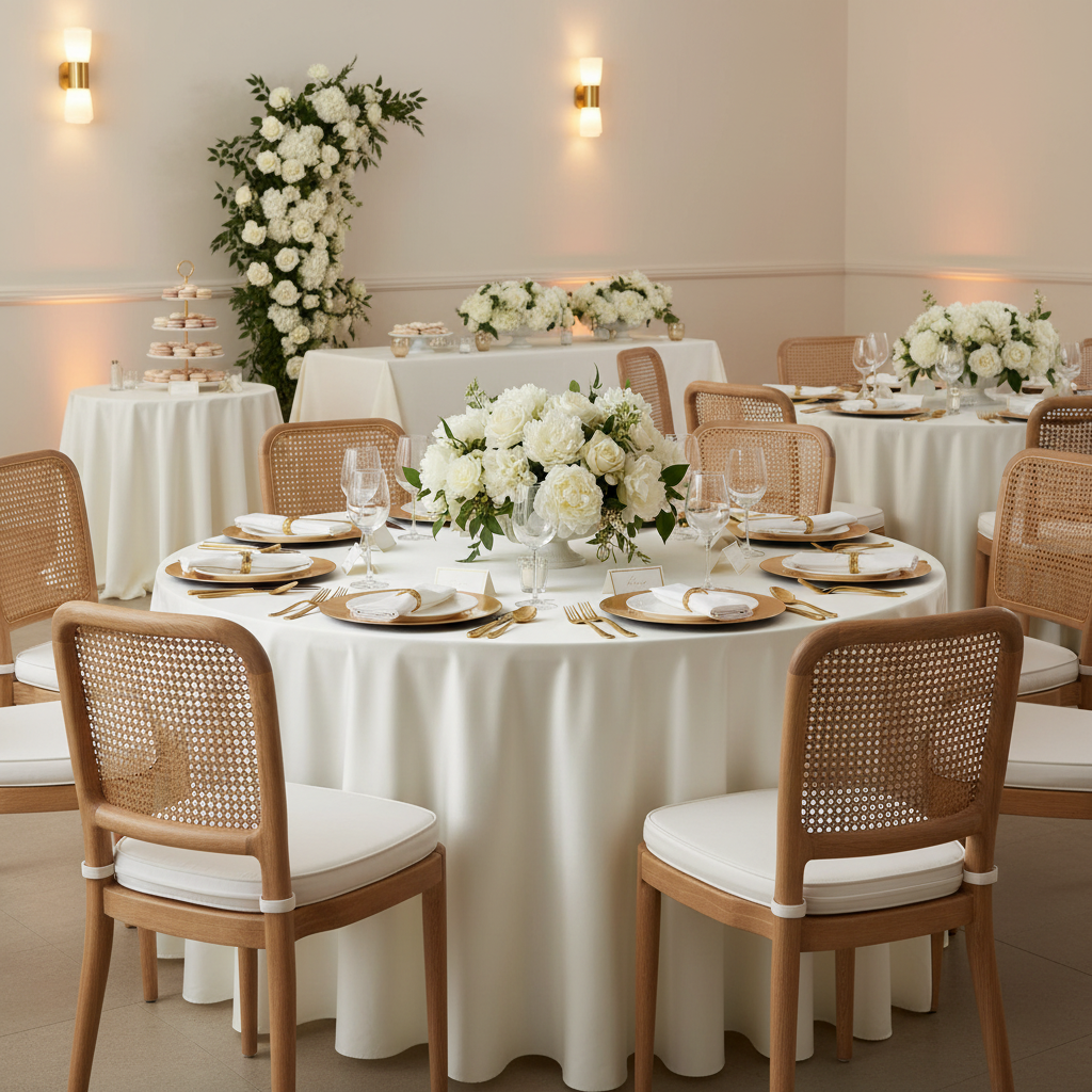 Satin 120" Round Tablecloth - Ivory with charger plate | ivory napkin | wine goblets