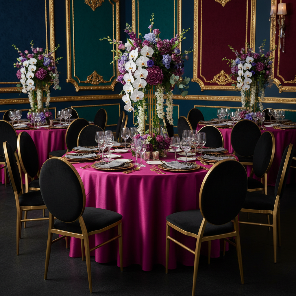 Satin 120" Round Tablecloth - Magenta Violet | charger plate | napkin | wine goblets |