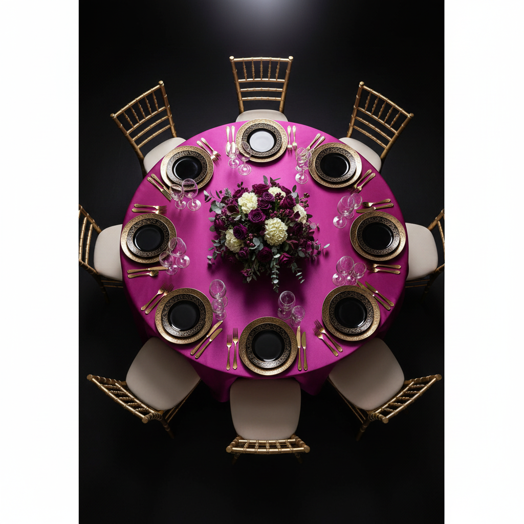 Satin 120" Round Tablecloth - Magenta Violet | charger plate | napkin | wine goblets |