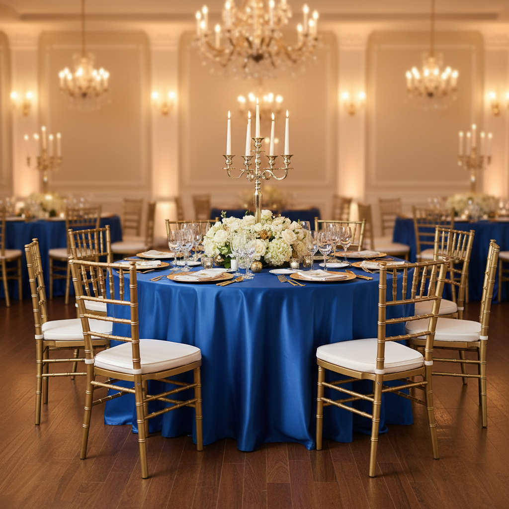 wedding reception with Satin 120" Round Tablecloth - Royal Blue