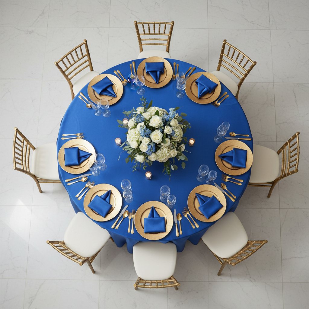 top view wedding reception with Satin 120" Round Tablecloth - Royal Blue