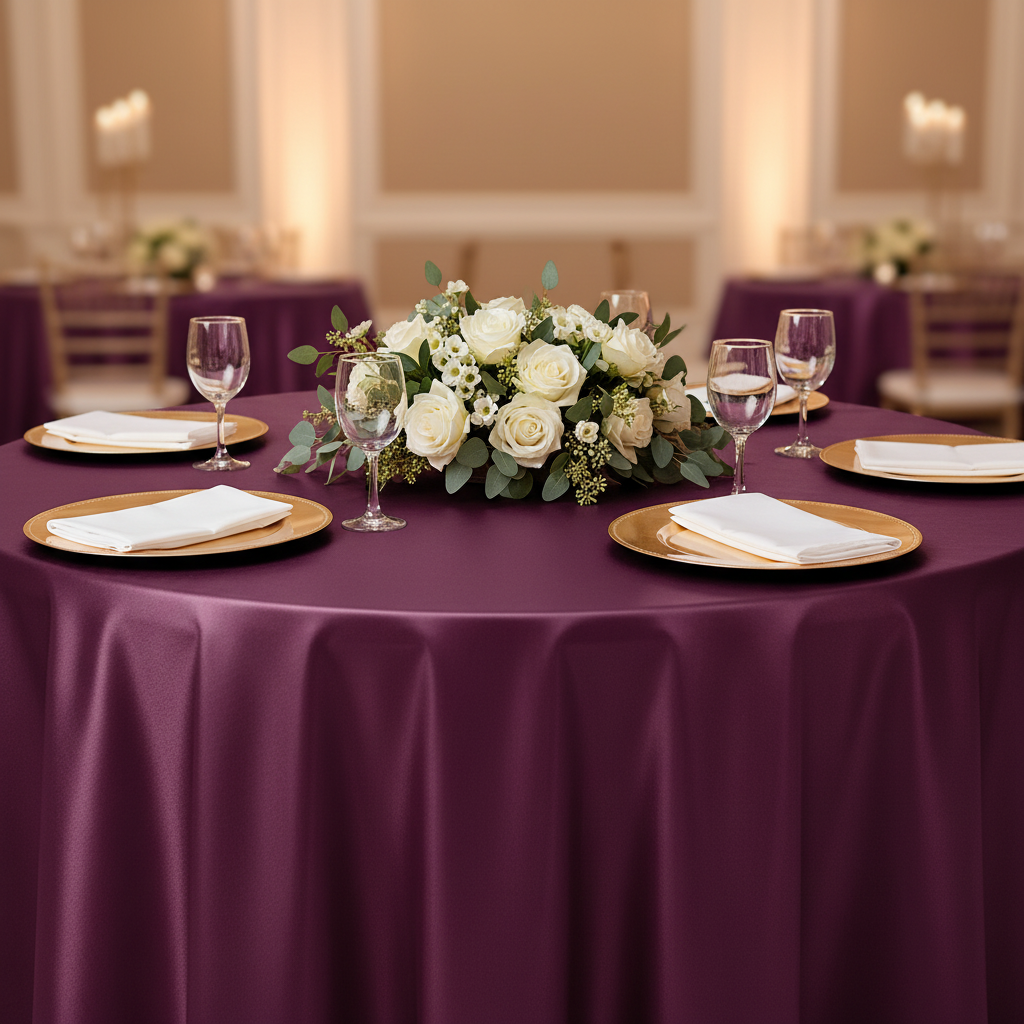 Satin 120" Round Tablecloth - Sangria | charger plate | napkin | wine goblets