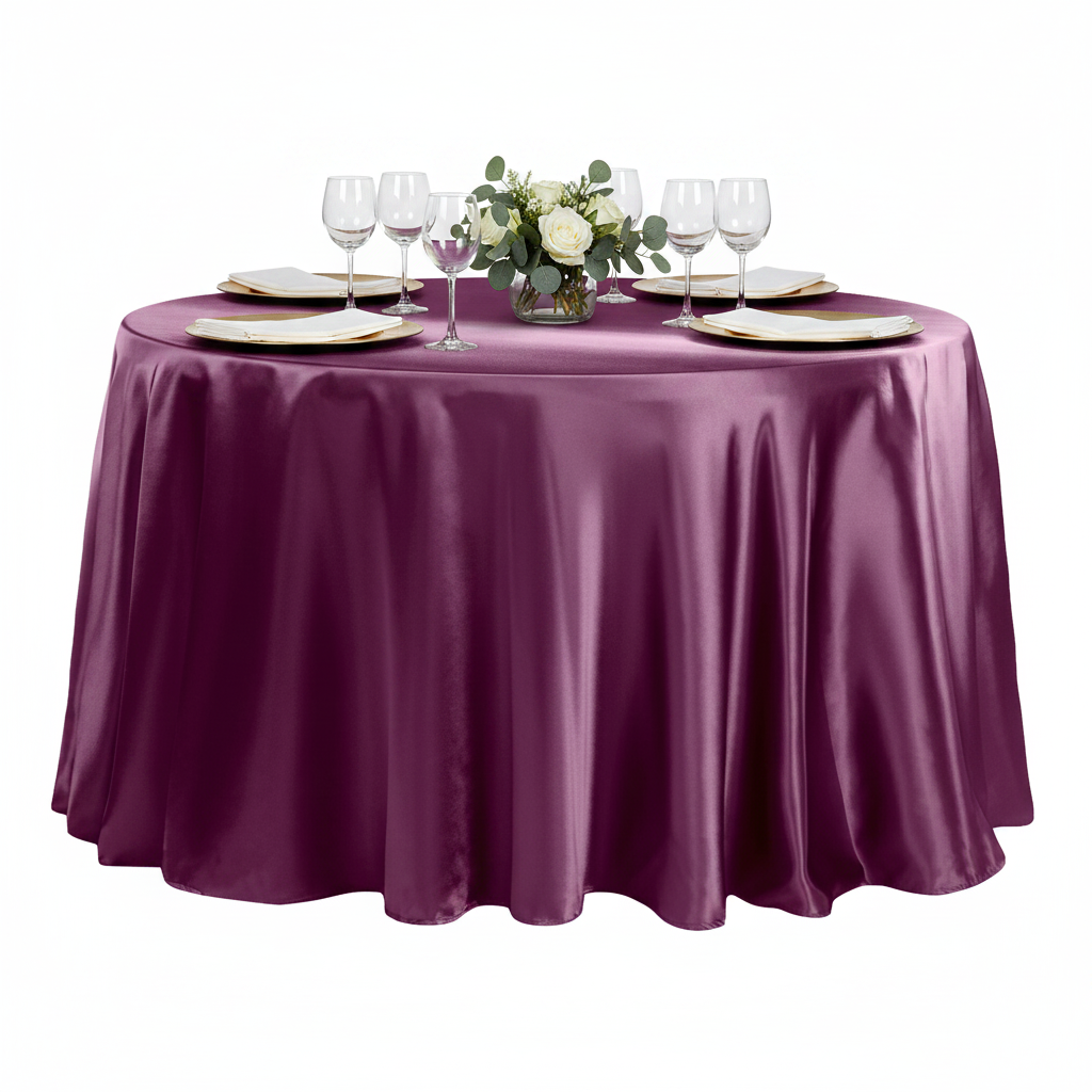 Satin 120" Round Tablecloth - Sangria | charger plate | napkin | wine goblets