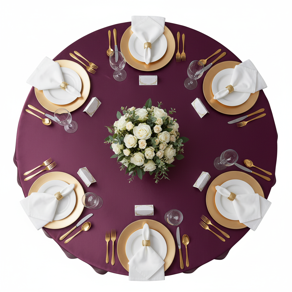 Satin 120" Round Tablecloth - Sangria | charger plate | napkin | wine goblets