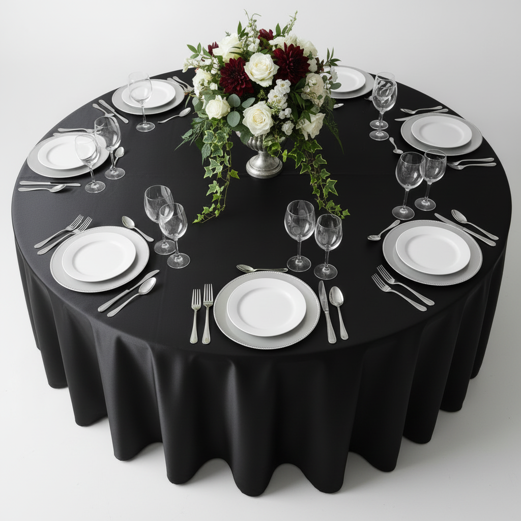 top view image of Satin 132" Round Tablecloth - Black with white plain charger plate