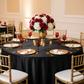 anniversary setup Satin 132" Round Tablecloth - Black with gold charger plate