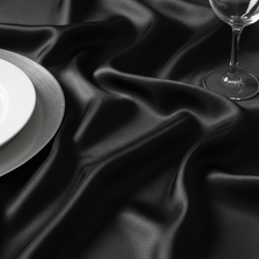 close up image Satin 132" Round Tablecloth - Black