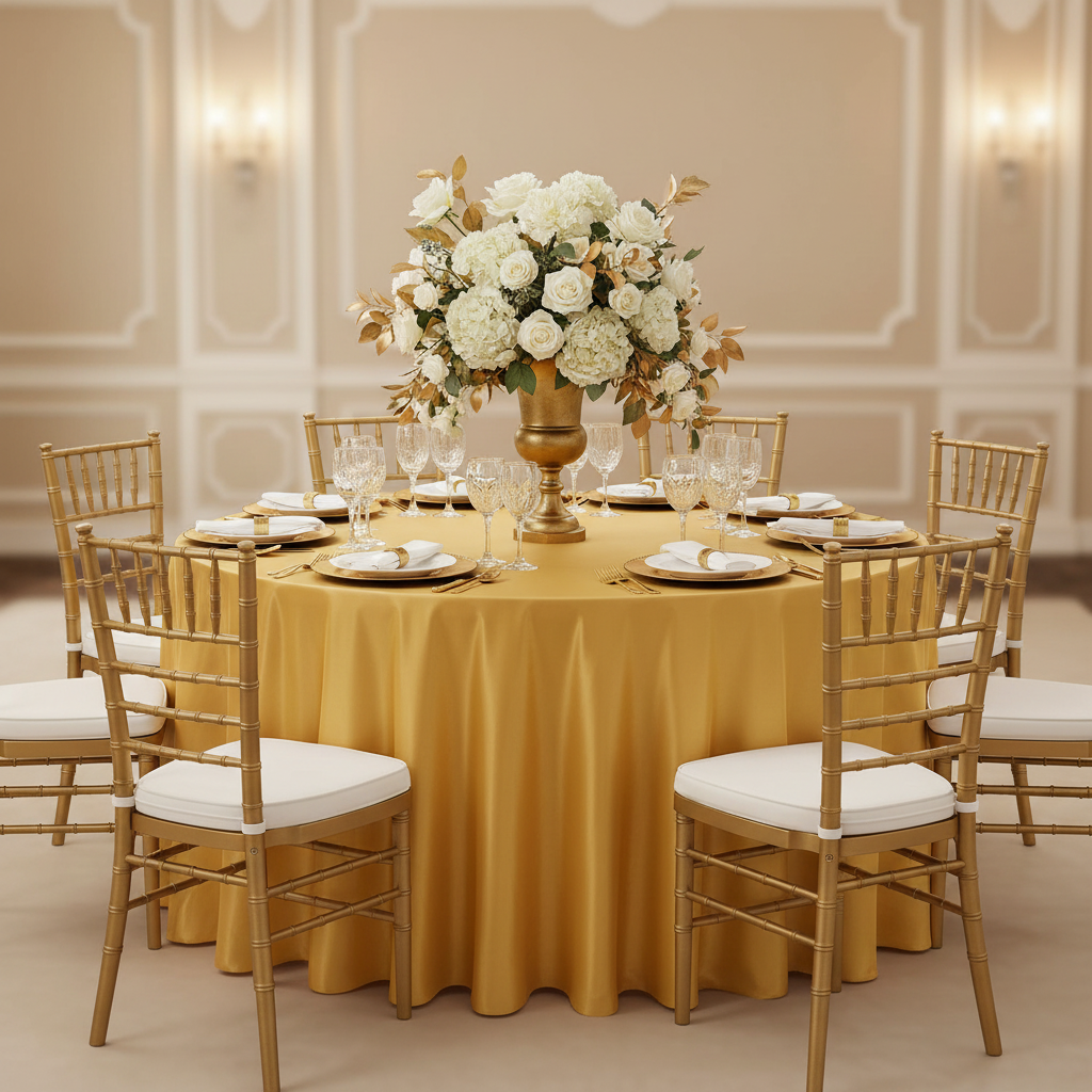 Satin 132" Round Tablecloth - Bright Gold with gold charger plate | white napkin | gold chiavari chair | wine goblets 