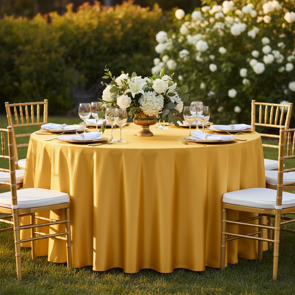 Satin 132" Round Tablecloth - Bright Gold for outdoor reception with gold charger plate | white napkin | gold chiavari chair | wine goblets