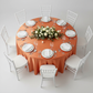 Satin 132" Round Tablecloth - Burnt Orange | charger plate | napkin | wine goblets |