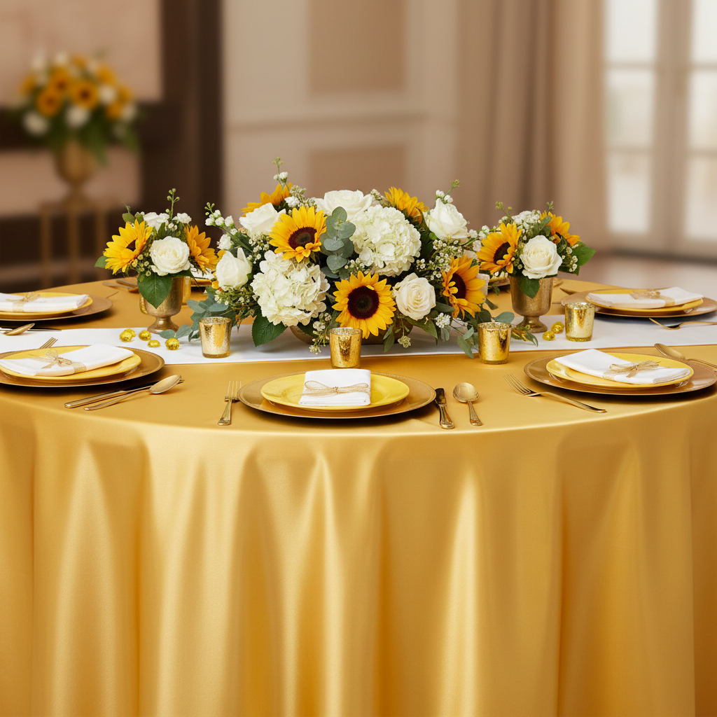 Satin 132" Round Tablecloth - Canary Yellow (Bright Yellow) with gold charger plate | white dinner plate | flower centerpiece | white napkin