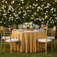 Satin 132" Round Tablecloth - Gold Antique for outdoor reception with gold charger plate | white napkin | gold chiavari chair 