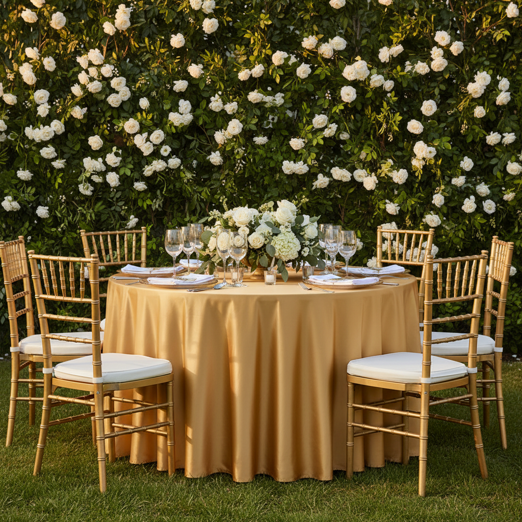 Satin 132" Round Tablecloth - Gold Antique for outdoor reception with gold charger plate | white napkin | gold chiavari chair 