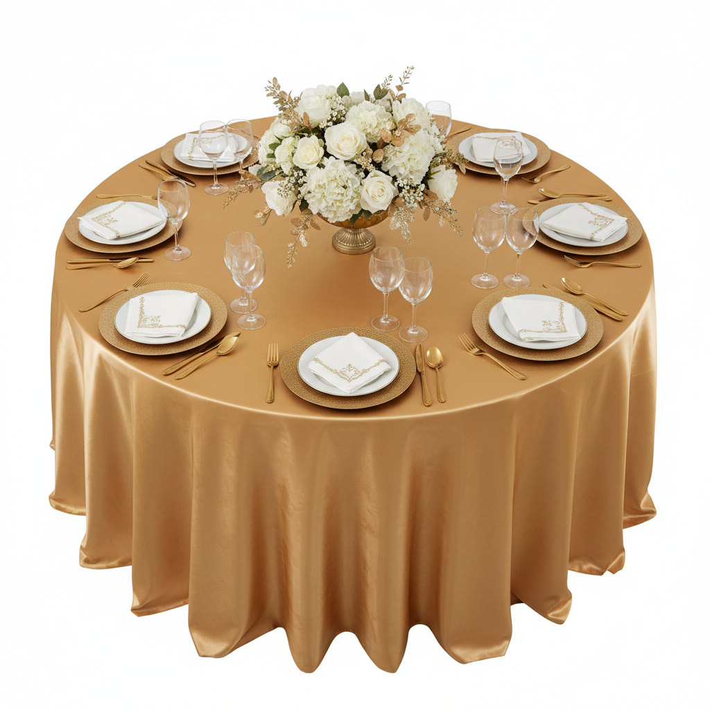 Satin 132" Round Tablecloth - Gold Antique for outdoor reception with gold charger plate | white napkin | white dinner plate