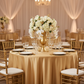 Satin 132" Round Tablecloth - Gold Antique for wedding reception with gold charger plate | white dinner plate | gold chiavari chair 