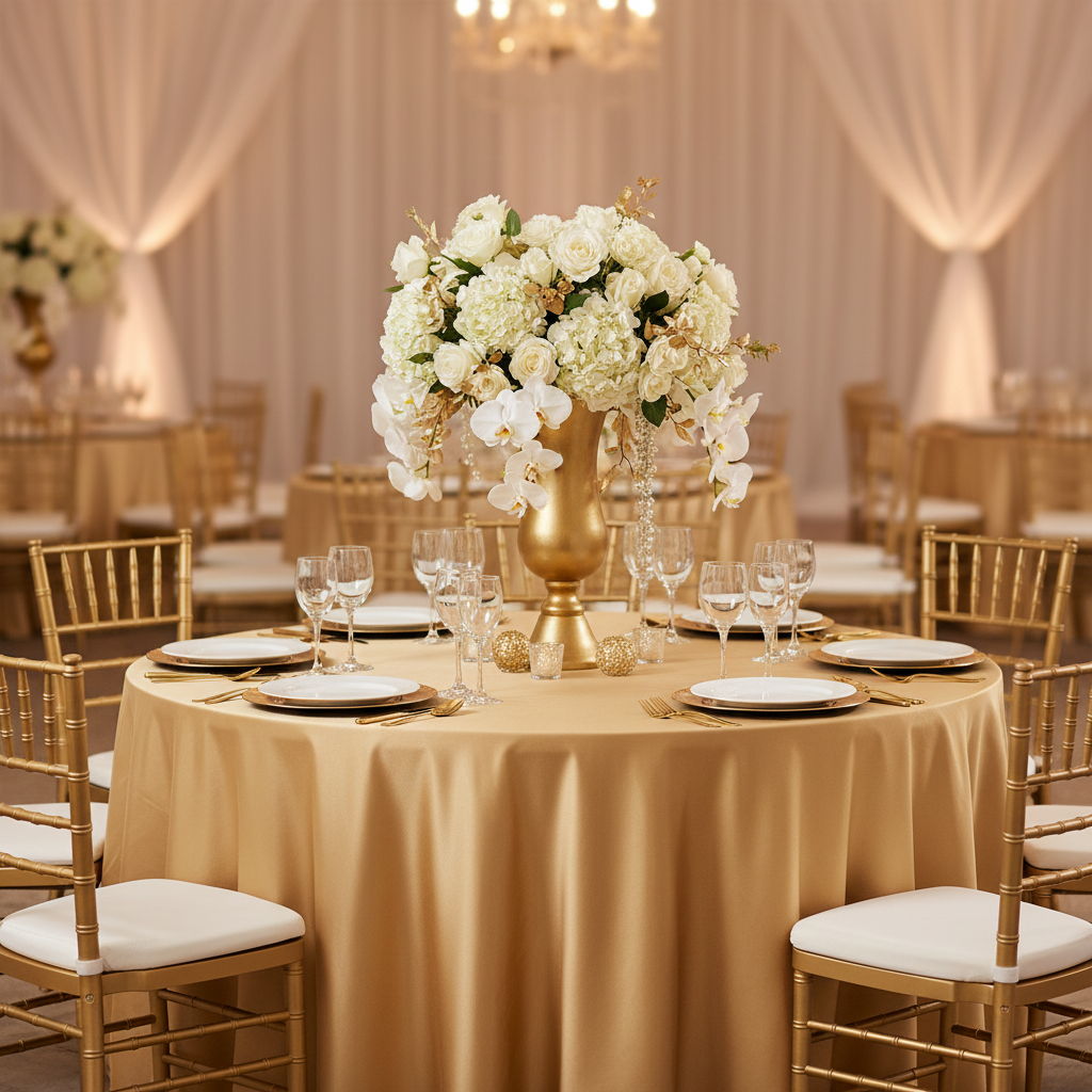 Satin 132" Round Tablecloth - Gold Antique for wedding reception with gold charger plate | white dinner plate | gold chiavari chair 