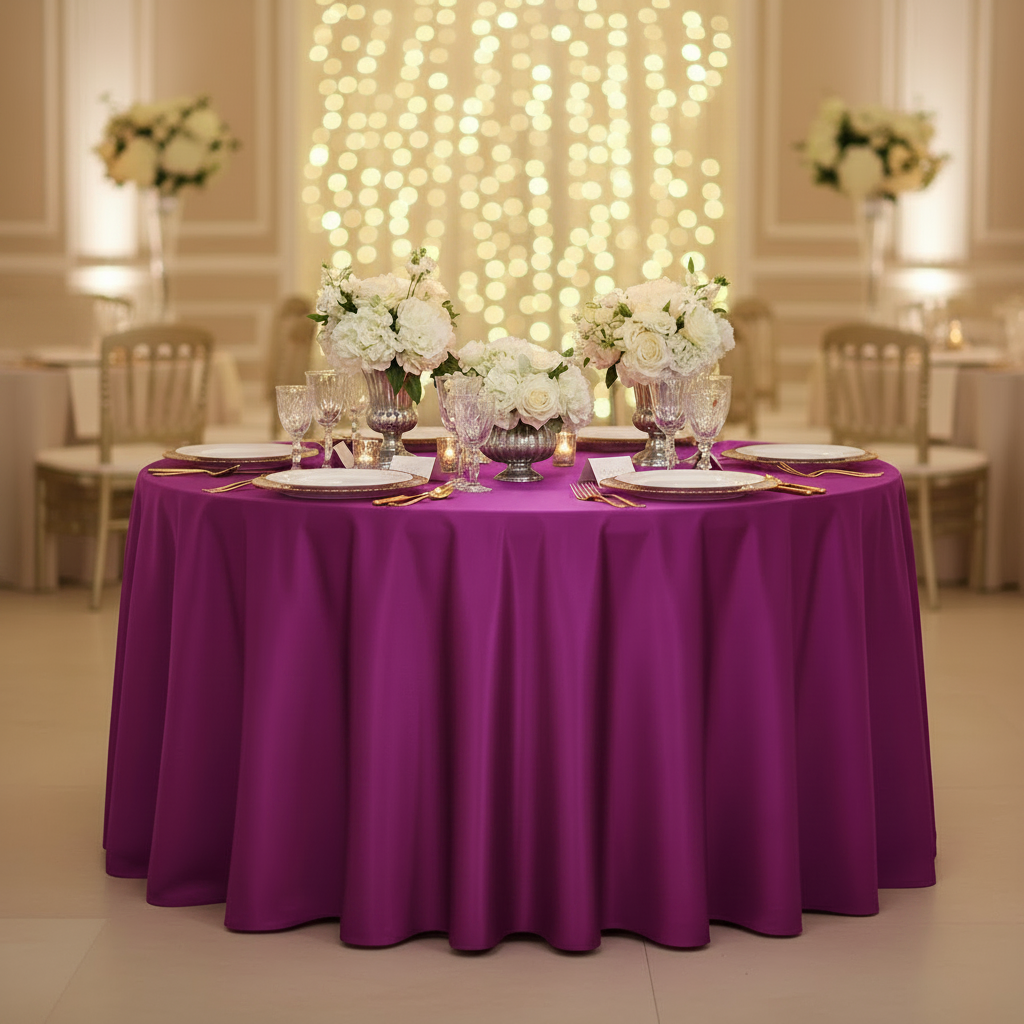 Satin 132" Round Tablecloth - Magenta Violet | charger plate | dinner plate | wine goblet |