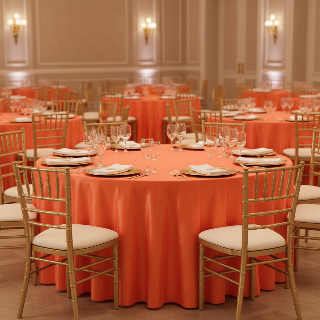 Satin 132" Round Tablecloth - Orange with gold charger plate and chiavari chairs for indoor debutante reception