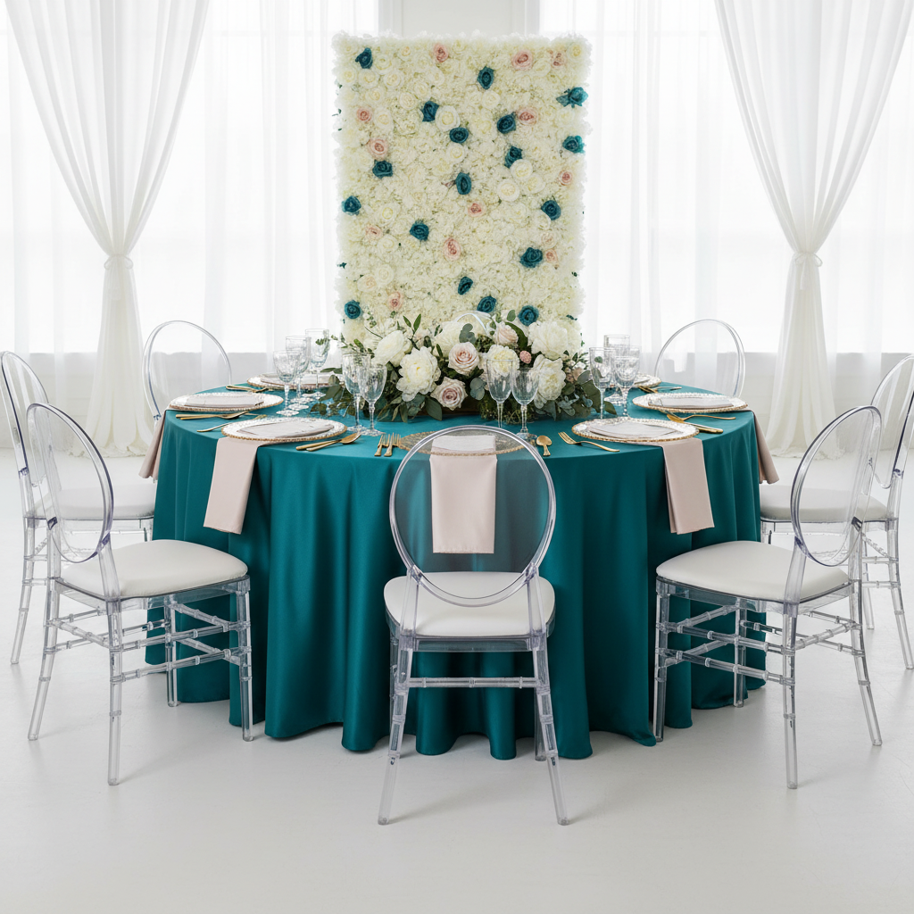 Satin 132" Round Tablecloth - Peacock for Bridal Shower
