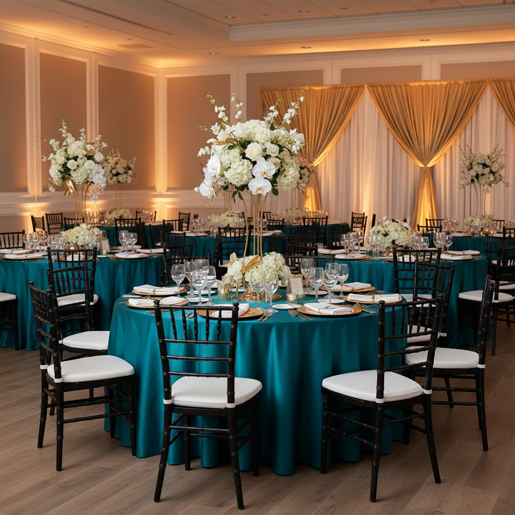 Satin 132" Round Tablecloth - Peacock for Gala reception