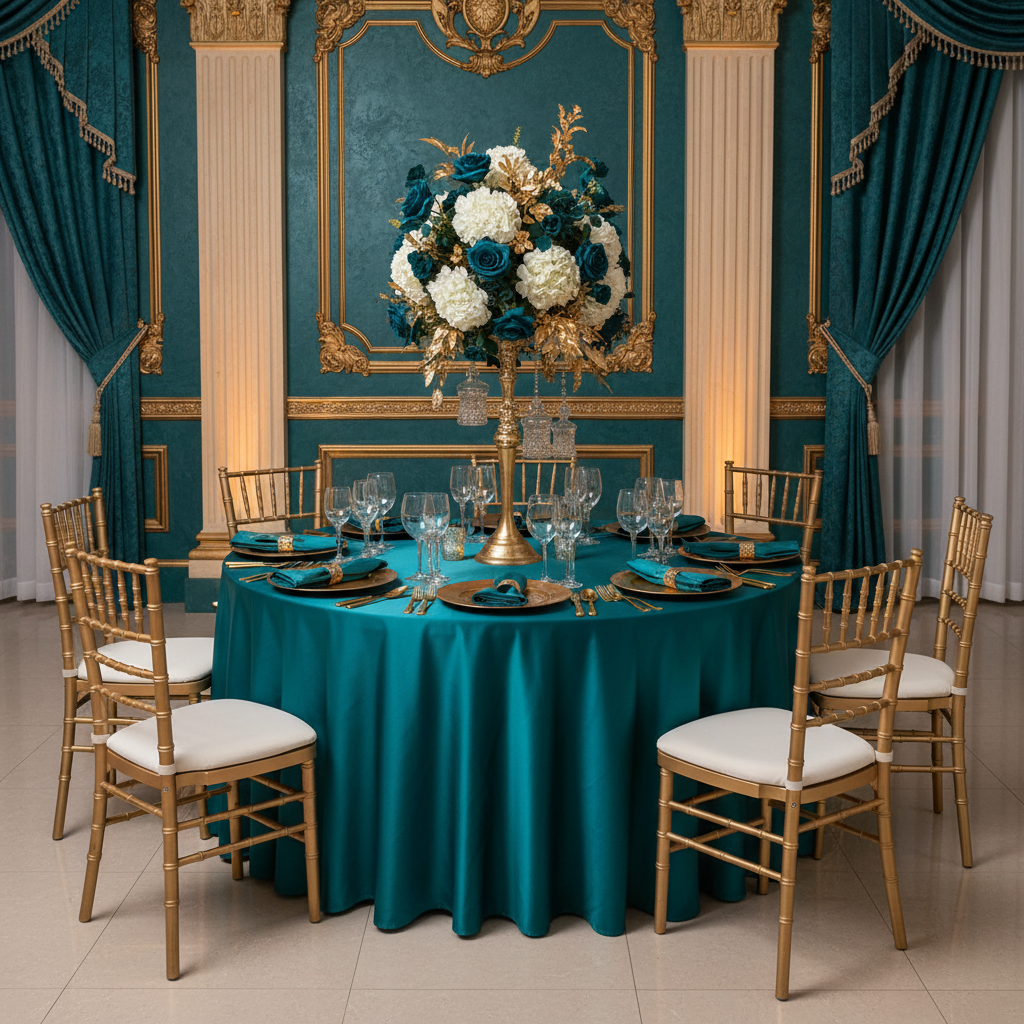 Satin 132" Round Tablecloth - Peacock for Quinceañera