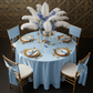 art deco gatsby setup using Satin 132" Round Tablecloth - Baby Blue with gold charger plate and chiavari chair