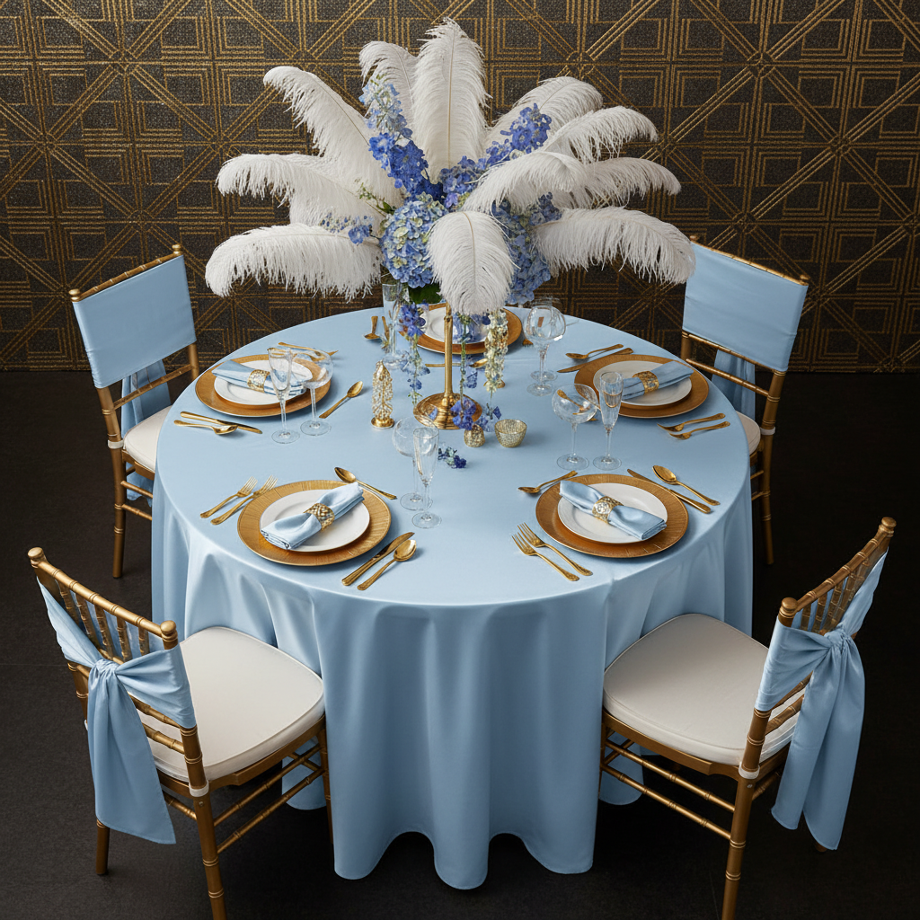 art deco gatsby setup using Satin 132" Round Tablecloth - Baby Blue with gold charger plate and chiavari chair