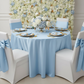 bridal shower brunch using Satin-132"-Round-Tablecloth-Baby-Blue with banquet chair cover and baby blue chair sash tie 