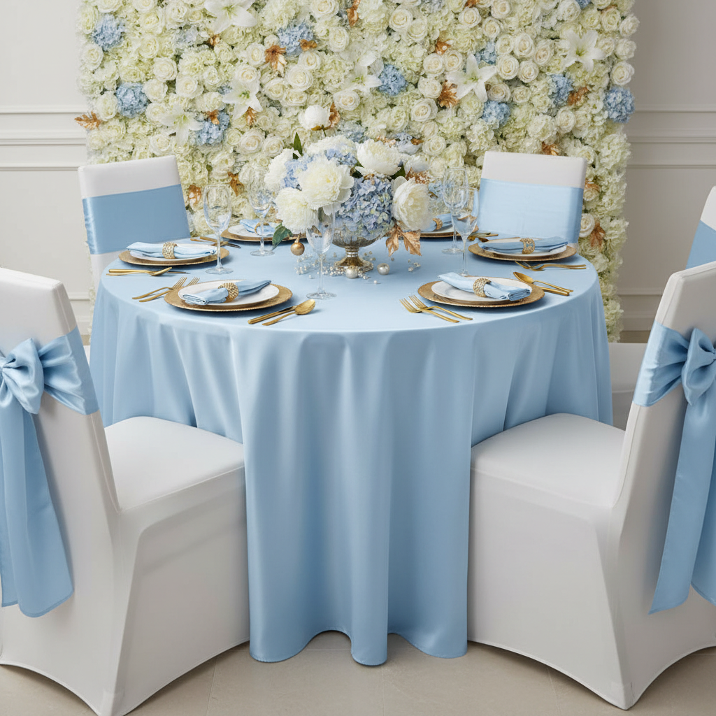 bridal shower brunch using Satin-132"-Round-Tablecloth-Baby-Blue with banquet chair cover and baby blue chair sash tie 