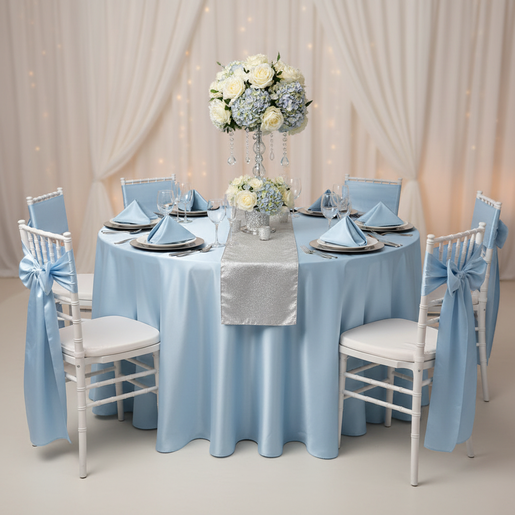 wedding reception using Satin 132" Round Tablecloth - Baby Blue with silver charger plate and table runner
