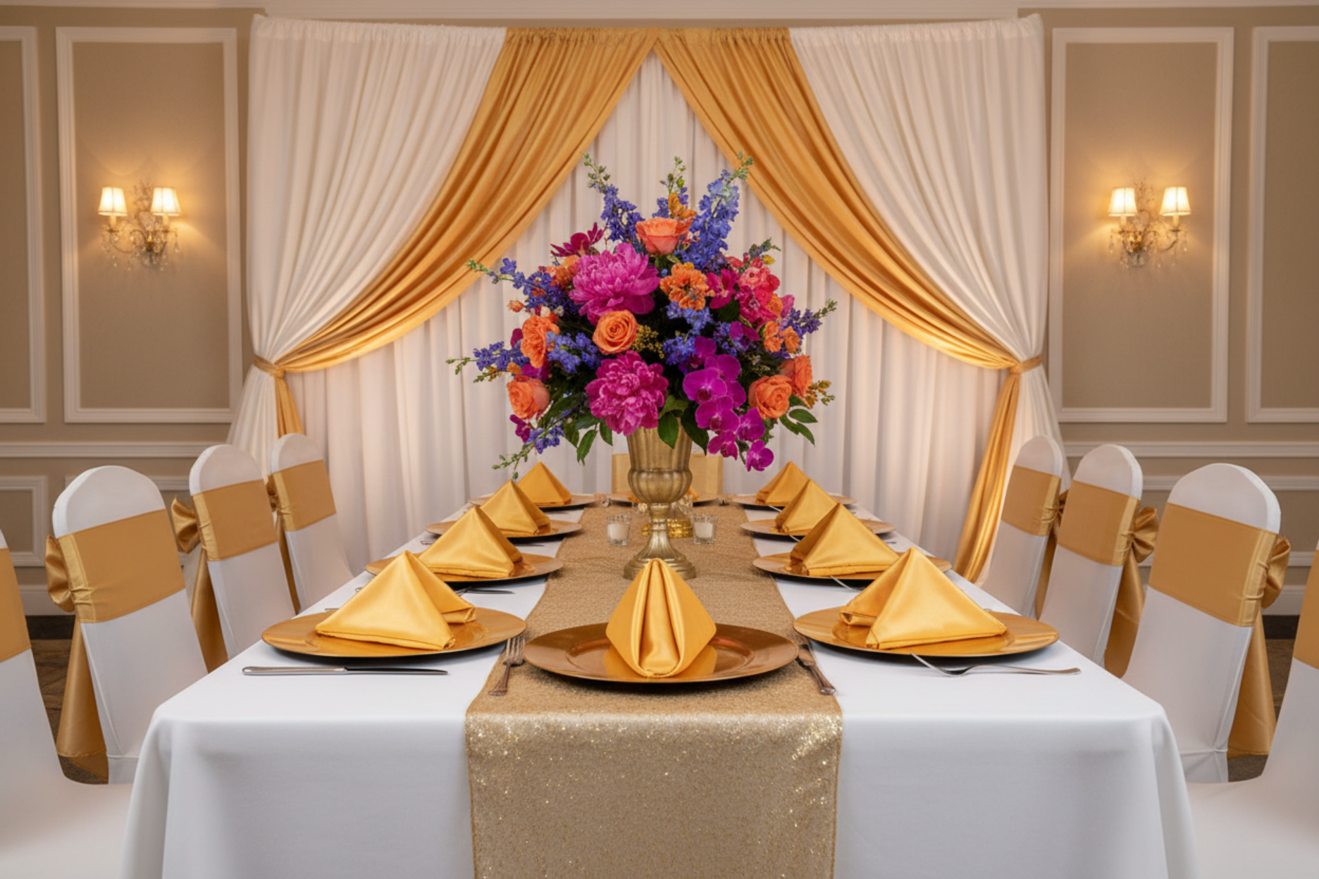 indoor birthday setup using Satin Napkin 20"x20" - Bright Gold with gold charger plate and white tablecloth