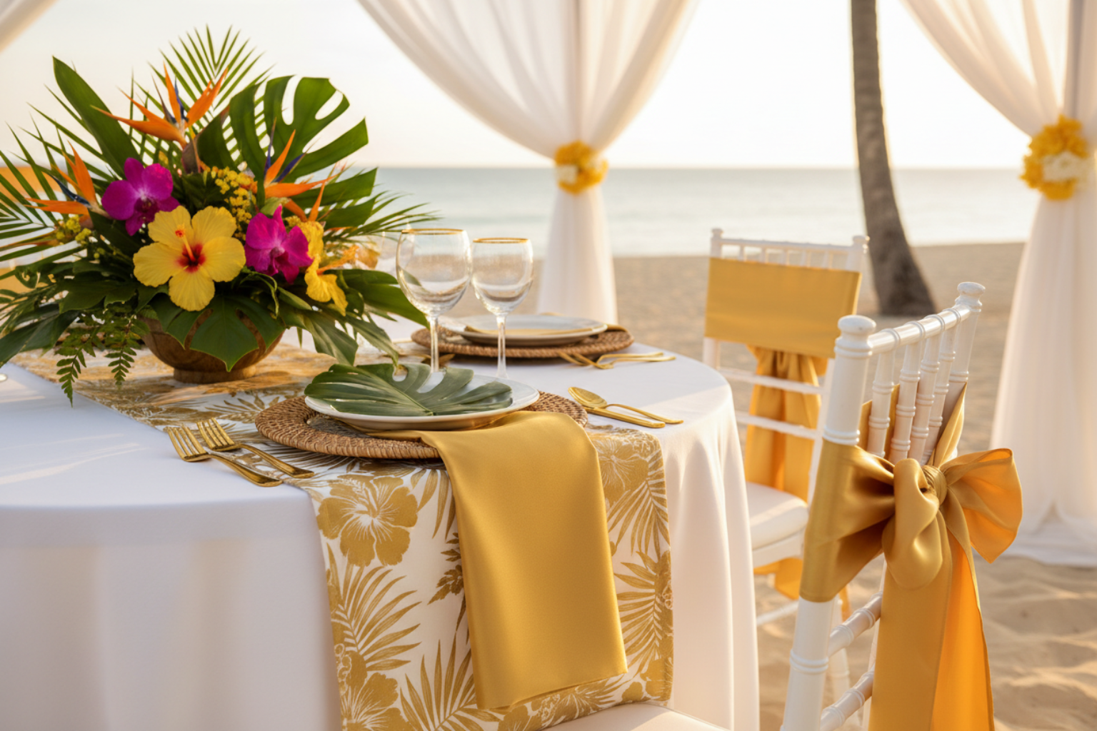tropical setup showing Satin Napkin 20"x20" - Bright Gold with white tablecloth