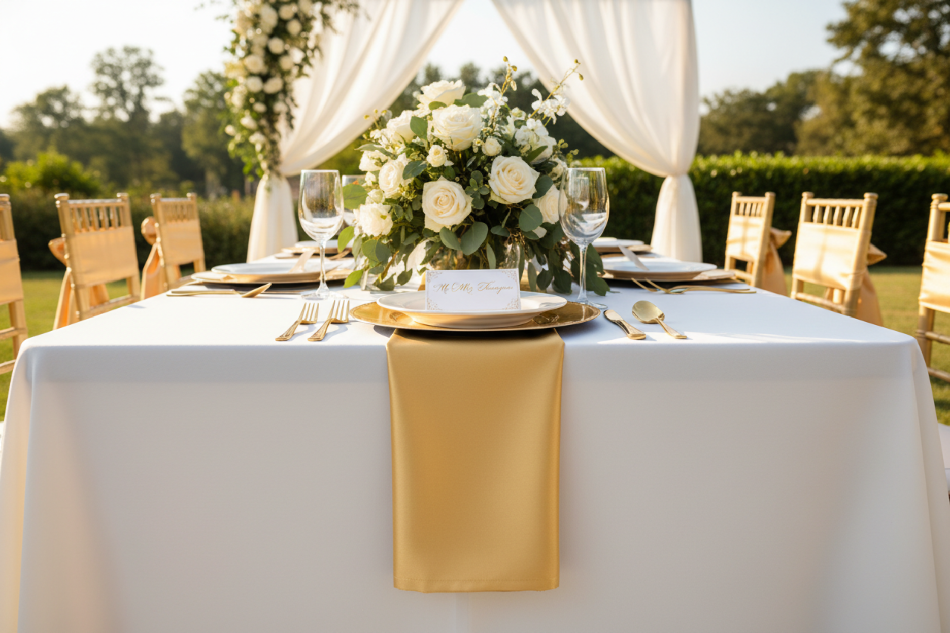wedding table setup showing Satin Napkin 20"x20" - Bright Gold with white tablecloth